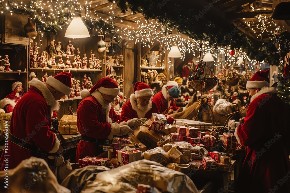 Santa's workshop bustling with activity on Christmas Eve, elves wrapping last-minute gifts, reindeer being harnessed to sleigh Santa's workshop bustling with activity on Christmas Eve, elves wrapping last-minute gifts, reindeer being harnessed to sleigh