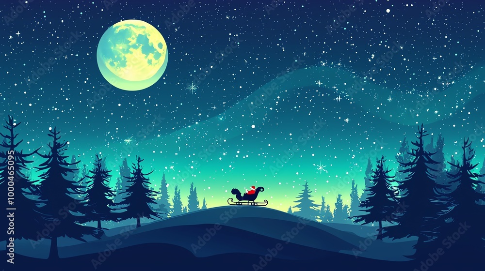 Starry night sky on Christmas Eve, Northern Lights dancing, silhouette of Santa's sleigh crossing moon Starry night sky on Christmas Eve, Northern Lights dancing, silhouette of Santa's sleigh crossing moon