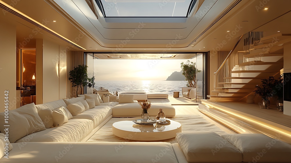 Fototapeta premium Luxury Yacht Interior Design with Open Concept Living Room and Ocean View
