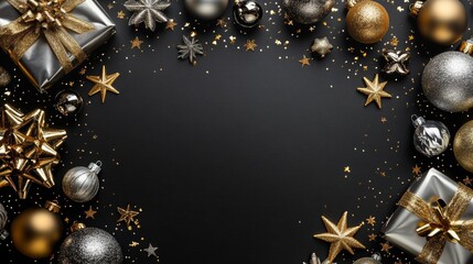 Elegant arrangement of golden and silver Christmas ornaments and gift bows on a black background for holiday celebrations