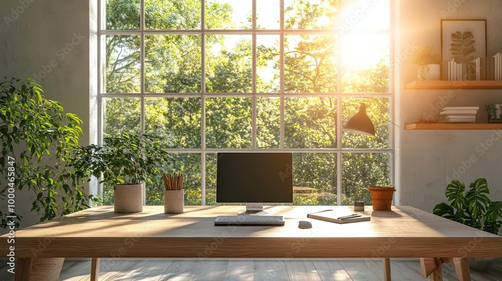 Bright modern office with a large window, plants, and minimalistic decor, creating a serene workspace filled with natural light. Bright modern office with a large window, plants, and minimalistic decor, creating a serene workspace filled with natural light.