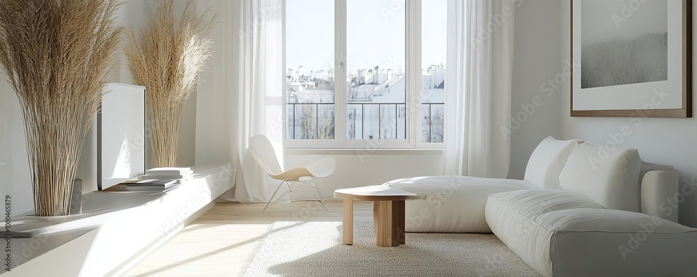 Bright and airy living room with modern furniture, large windows, natural decor, and minimalist design. Bright and airy living room with modern furniture, large windows, natural decor, and minimalist design.