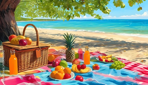 Vibrant beach picnic with fresh fruits, cozy blankets, and stunning oceanview under bright sunshine photo