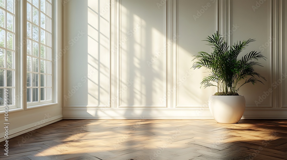 Minimalist Room Interior with Sunlight Streaming Through Window and Plant in Corner Minimalist Room Interior with Sunlight Streaming Through Window and Plant in Corner