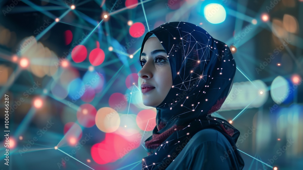 A woman gazes upward, surrounded by a glowing digital network. The scene highlights advanced technology and AI, evoking the concept of a connected future. A woman gazes upward, surrounded by a glowing digital network. The scene highlights advanced technology and AI, evoking the concept of a connected future.