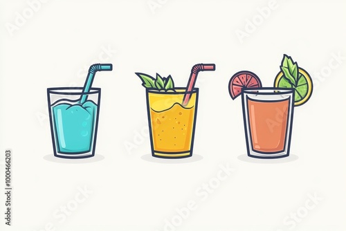 Illustration of four colorful cocktails in different glasses with fruit garnishes emphasizing vibrant summer drink designs against a beige background