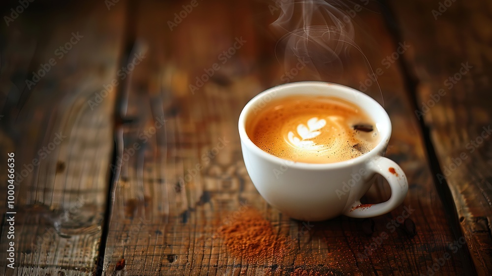 Urban Elegance: Close-Up of Steamy Espresso with Creamy Foam on Rustic Wood Table, Room for Text Urban Elegance: Close-Up of Steamy Espresso with Creamy Foam on Rustic Wood Table, Room for Text