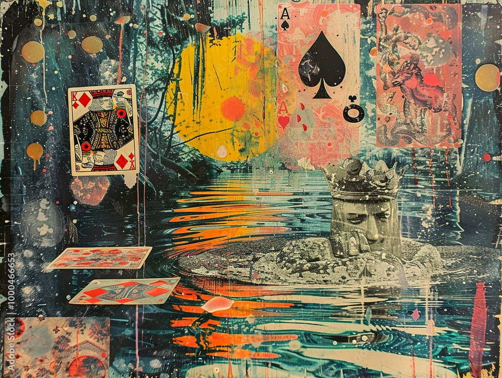 Fototapeta premium Surreal Collage with Playing Cards and a King's Face