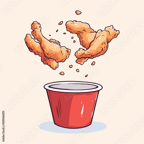 Free vector flying fried chicken with bucket cartoon