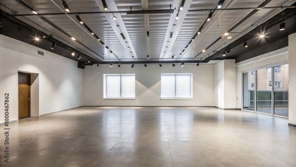 Empty, modern, spacious room with large windows, concrete floor and track lighting. Empty, modern, spacious room with large windows, concrete floor and track lighting.