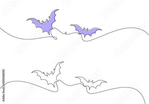 A group of bats flying in minimalist line art style, with two highlighted in purple. Vector illustration for Halloween or artistic designs.