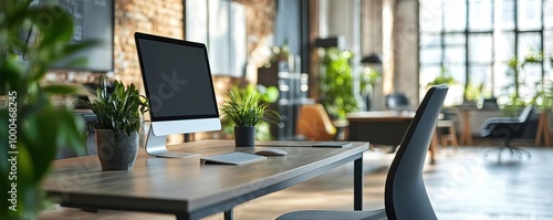 Wallpaper Mural A modern workspace featuring a wooden desk, computer, and indoor plants, creating a comfortable and inspiring environment. Torontodigital.ca