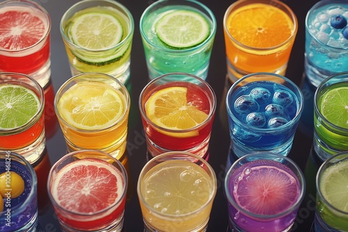 Rainbow colored jello shots with fruit slices arranged in a grid pattern on a reflective surface creating a vibrant and playful party atmosphere