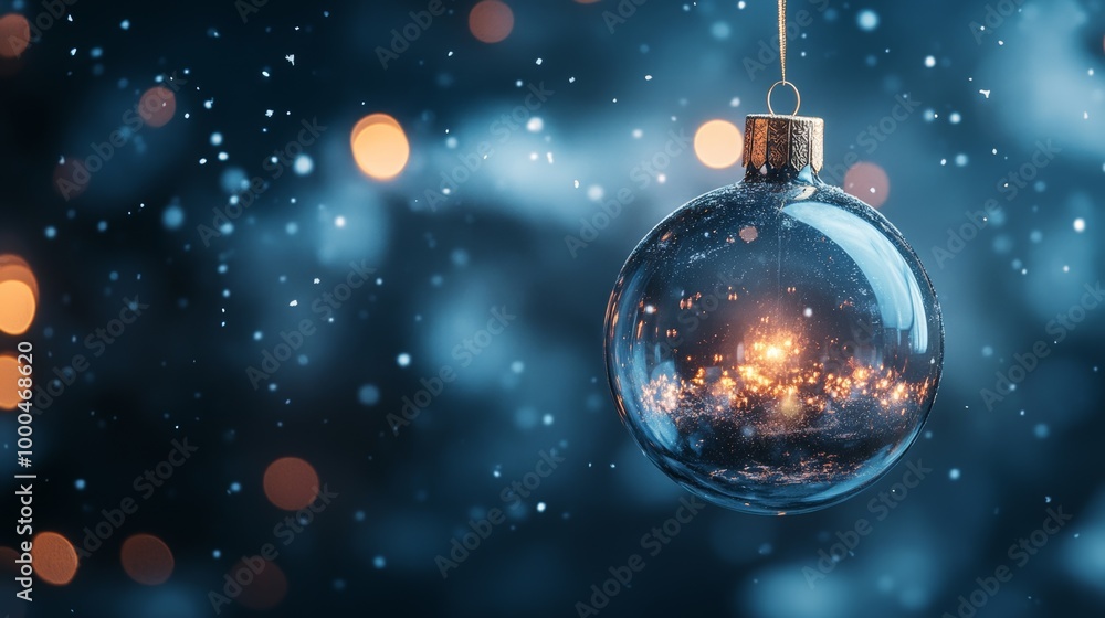A beautiful glass Christmas bauble hangs against a dark blue snowy background with soft light reflections creating a festive atmosphere A beautiful glass Christmas bauble hangs against a dark blue snowy background with soft light reflections creating a festive atmosphere
