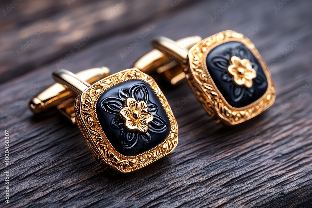 Luxury cufflinks on a dark wood background, featuring intricate detailing and precious metals, perfect for an elegant formal look Luxury cufflinks on a dark wood background, featuring intricate detailing and precious metals, perfect for an elegant formal look