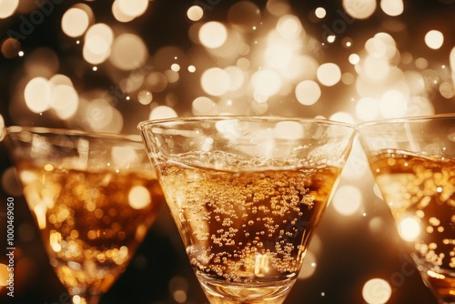 Three martini glasses filled with golden sparkling cocktails set against a glowing bokeh background highlighting a sophisticated celebratory evening vibe