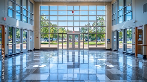 Modern office lobby with large glass windows and tiled floor