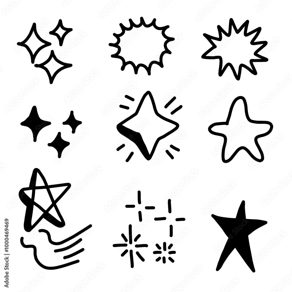 Set of hand drawn star and sparkle effect drawing illustrations in cartoon and doodle style. Set of hand drawn star and sparkle effect drawing illustrations in cartoon and doodle style.