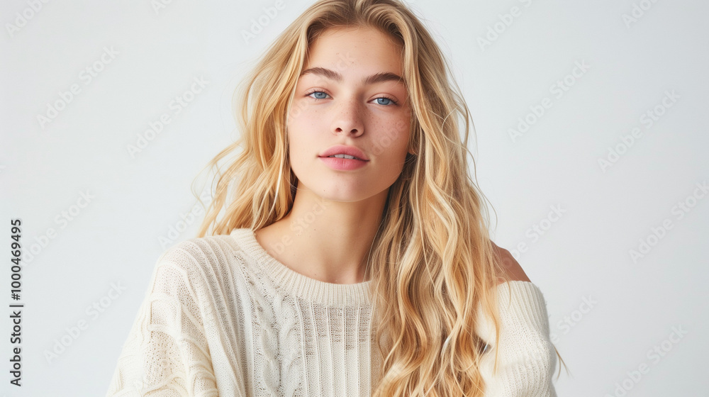 Beautiful blonde model with long hair, smiling softly, looking at camera in studio portrait Beautiful blonde model with long hair, smiling softly, looking at camera in studio portrait