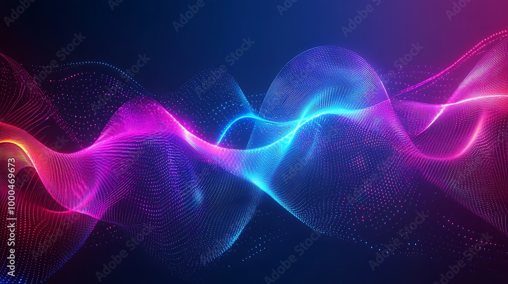 Fototapeta premium Abstract wave of glowing particles in blue and purple colors on a dark background.