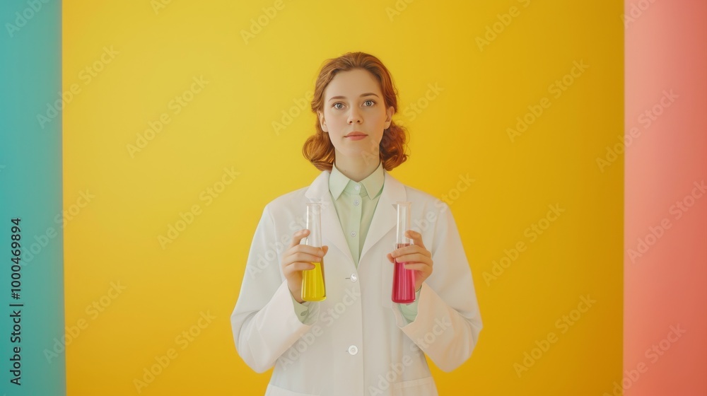 A young female scientist wearing a white lab coat holds two test tubes filled with colorful chemical solutions, set against a bold yellow background. The image highlights scientific research and A young female scientist wearing a white lab coat holds two test tubes filled with colorful chemical solutions, set against a bold yellow background. The image highlights scientific research and