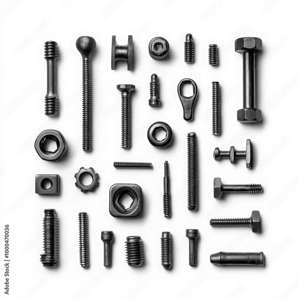 Black metal nuts and bolts, isolated on a white background. Black metal nuts and bolts, isolated on a white background.