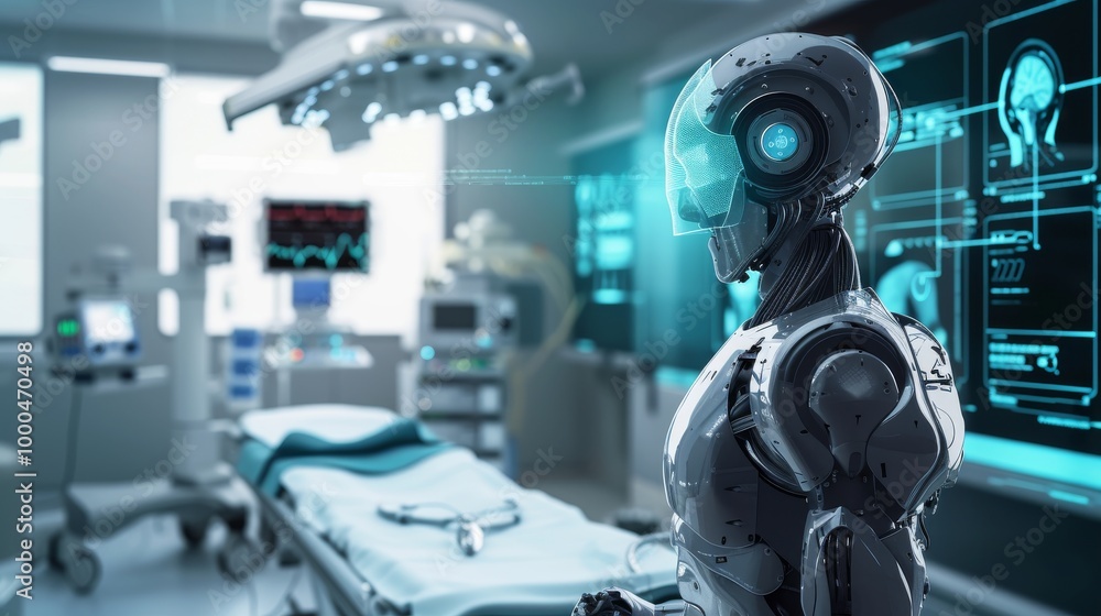 A humanoid robot stands attentively in a state-of-the-art operating room, ready for medical procedures. The image symbolizes the future of surgery, where AI and robotics play a vital role in advanced A humanoid robot stands attentively in a state-of-the-art operating room, ready for medical procedures. The image symbolizes the future of surgery, where AI and robotics play a vital role in advanced