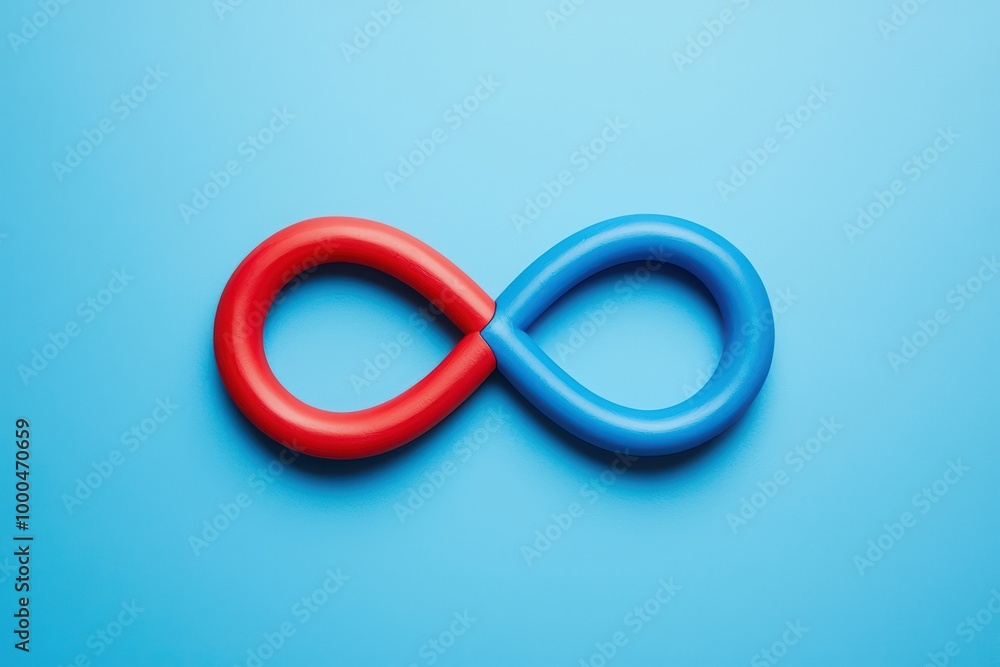 Colorful infinity symbol made of red and blue plastic on a blue background. Colorful infinity symbol made of red and blue plastic on a blue background.