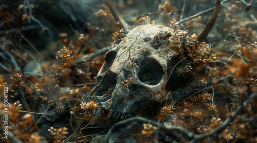 Animal Skull in a Golden Forest: A Mystical and Surreal Image