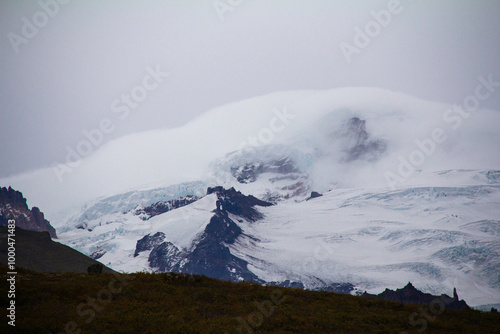  Iceland mountains covered in snow and glaciers grainy old style photograph