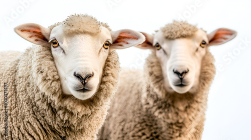 Close up view of sheep featured in a studio setting with a white background ideal for incorporating a copy space image