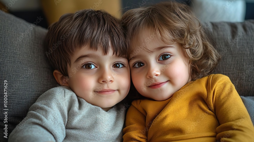 Adorable children sharing a joyful moment together on a cozy couch, showcasing their close bond and playful spirit. Adorable children sharing a joyful moment together on a cozy couch, showcasing their close bond and playful spirit.