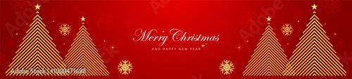 Red christmas background with snowflake decoration. Luxury golden christmas tree. Elegant xmas greeting card design. Suit for banner, invitation, cover, header, presentation, wallpaper