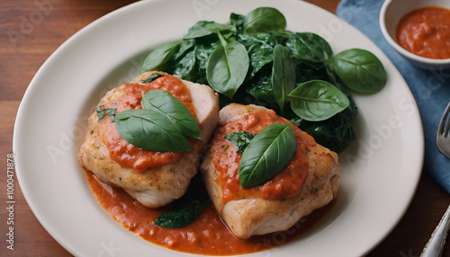 chicken thighs in creamy tomato sauce with spinach on a plate