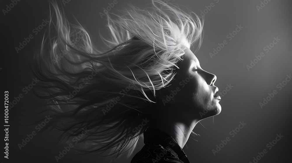 frozen movement of a model's hair with the wind with a touch of dynamism frozen movement of a model's hair with the wind with a touch of dynamism