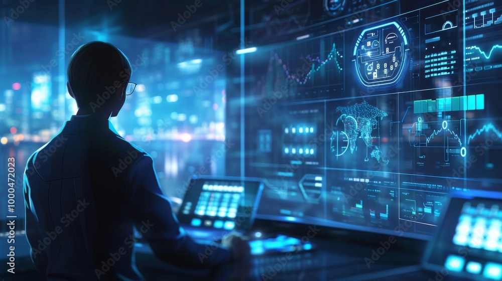 A man in a dark control room analyzing data displayed on numerous high-tech screens. The soft blue and purple light creates a futuristic ambiance, ideal for technology and data management themes. A man in a dark control room analyzing data displayed on numerous high-tech screens. The soft blue and purple light creates a futuristic ambiance, ideal for technology and data management themes.