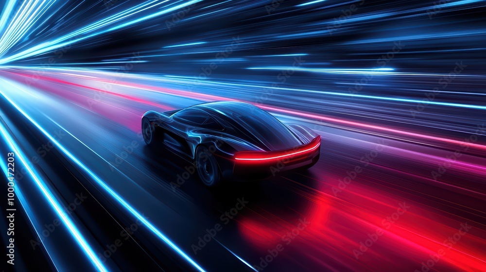 Futuristic car in motion with vibrant blue and red light trails. Futuristic car in motion with vibrant blue and red light trails.