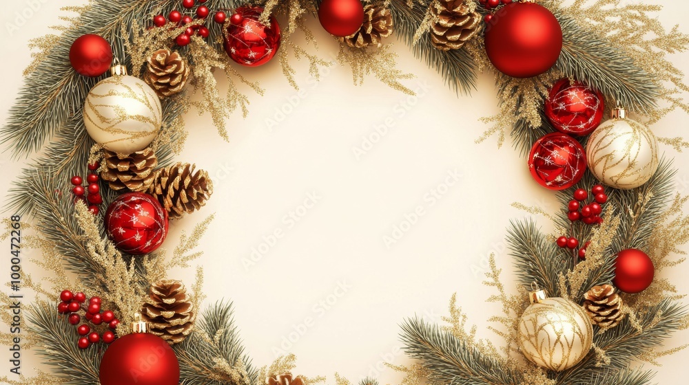 Christmas wreath featuring pine branches, red baubles, and golden decorations against a light beige background Christmas wreath featuring pine branches, red baubles, and golden decorations against a light beige background
