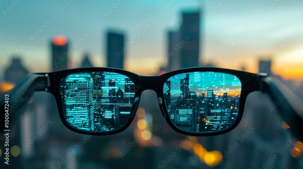 A city skyline seen through futuristic smart glasses with a digital overlay of graphics. This image portrays an innovative mix of reality and augmented data, merging the urban landscape with cutting