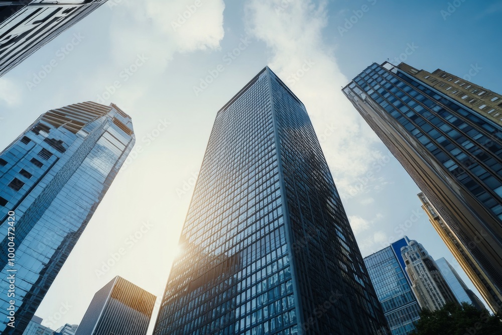 Skyscape photography of tall city buildings, featuring cinematic lighting and angles under a bright blue sky. The interplay of sunlight and shadow creates a balanced white tone, making this image suit Skyscape photography of tall city buildings, featuring cinematic lighting and angles under a bright blue sky. The interplay of sunlight and shadow creates a balanced white tone, making this image suit