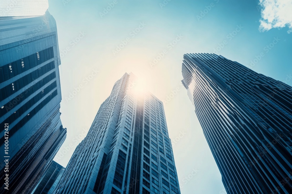 Obraz premium Skyscape photography of tall city buildings, featuring cinematic lighting and angles under a bright blue sky. The interplay of sunlight and shadow creates a balanced white tone, making this image suit