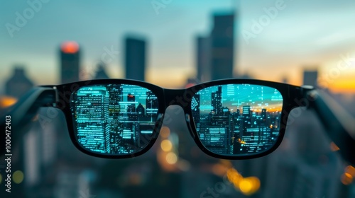 Obraz na płótnie A city skyline seen through futuristic smart glasses with a digital overlay of graphics. This image portrays an innovative mix of reality and augmented data, merging the urban landscape with cutting w salonie