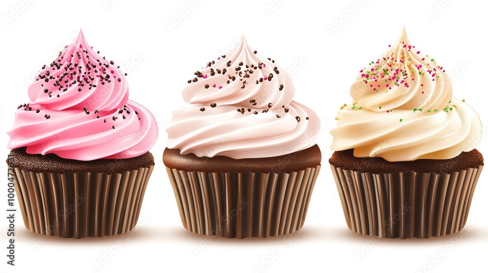 A delightful set of colorful cupcakes arranged against a clean white background, showcasing a variety of flavors and decorations. Each cupcake features unique frosting designs and toppings, A delightful set of colorful cupcakes arranged against a clean white background, showcasing a variety of flavors and decorations. Each cupcake features unique frosting designs and toppings,