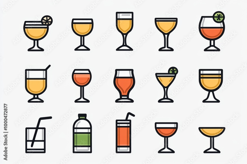 Minimalist icon set of various cocktail glasses featuring different styles and shapes perfect for use in graphic design menus and promotional materials Minimalist icon set of various cocktail glasses featuring different styles and shapes perfect for use in graphic design menus and promotional materials
