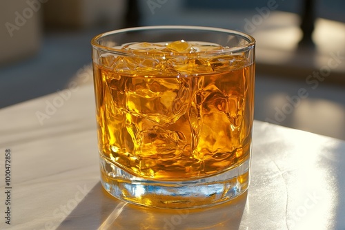 Whiskey glass filled with ice and golden liquor set on a wooden table with warm indoor lighting capturing a cozy and intimate bar setting