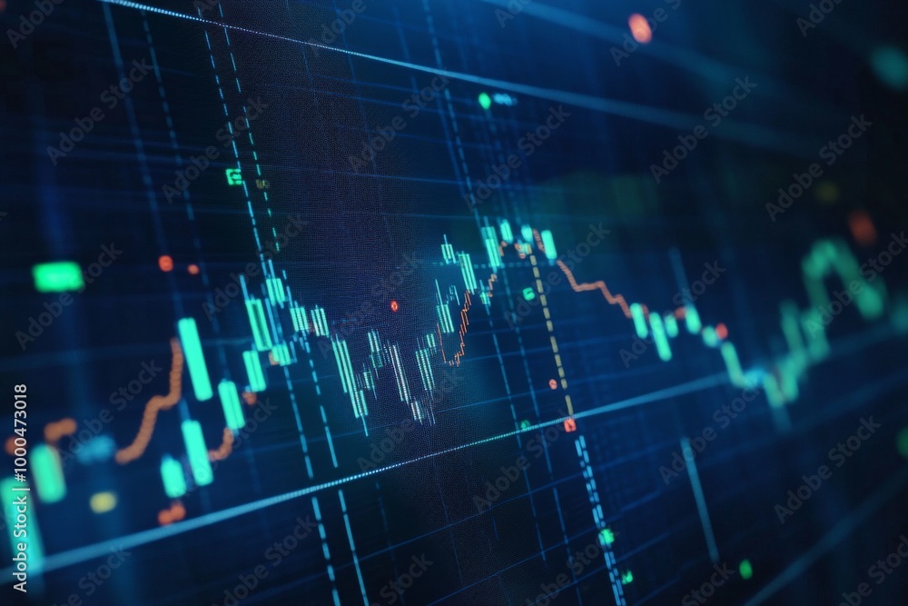 Close-up of a stock market graph on a dark blue screen, showing an upward trend with candlestick charts and green bar candles. Ideal for finance and investment themes. Close-up of a stock market graph on a dark blue screen, showing an upward trend with candlestick charts and green bar candles. Ideal for finance and investment themes.