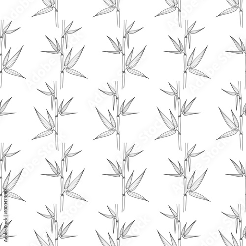 Seamless pattern of bamboo leaves, black on white background. Botanical hand drawn illustration