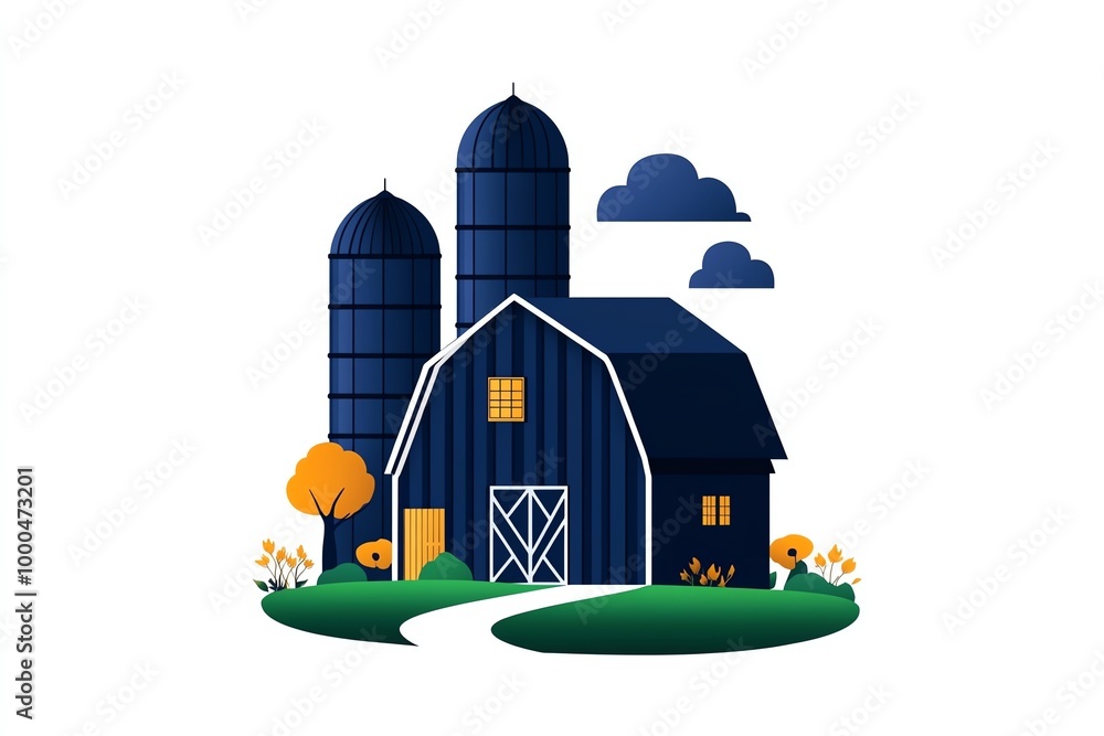 Minimalist barn and silo outline, with simple geometric shapes capturing the essence of rural farming life in a clean, modern style Minimalist barn and silo outline, with simple geometric shapes capturing the essence of rural farming life in a clean, modern style
