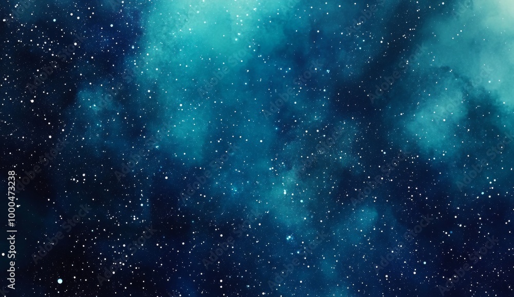 Fototapeta premium Blue and teal watercolor starry sky background with soft gradients, ideal for website banners. This serene night sky ambiance is perfect for web designers and creatives seeking a calming backdrop for 