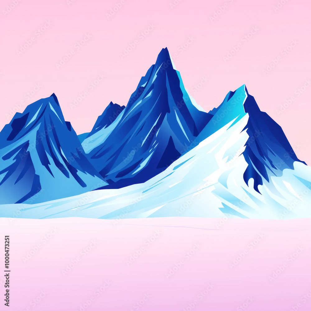High blue mountains with prominent snowy peaks against a pink sky